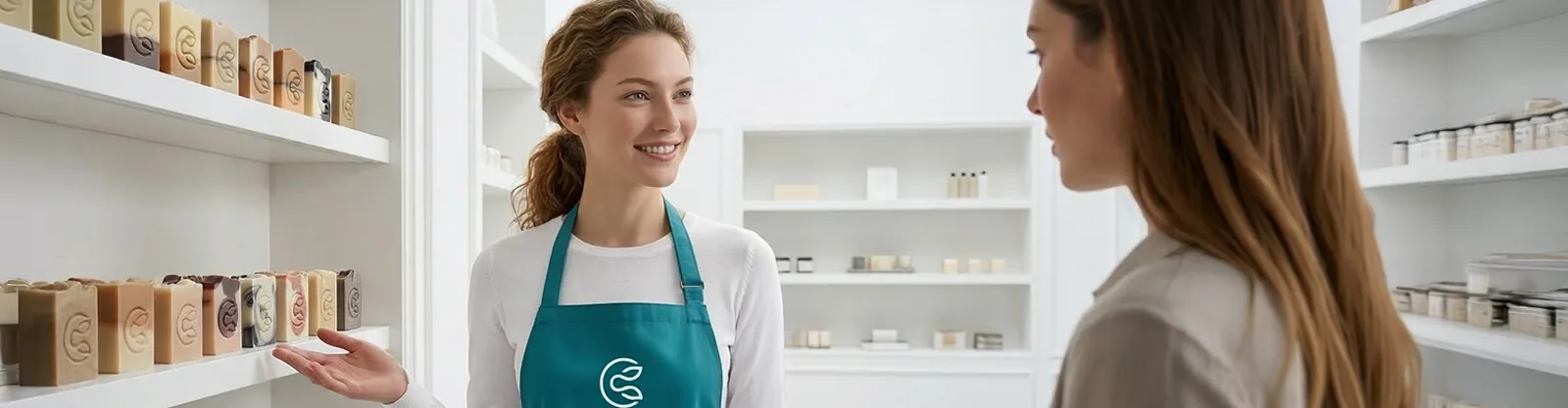 Chailea brand host in a Chailea apron presenting handmade natural soaps